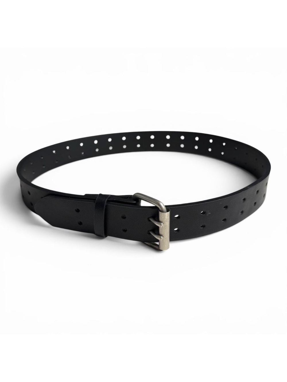 Vintage Black Faux Leather Silver Double Prong Roller Buckle Belt